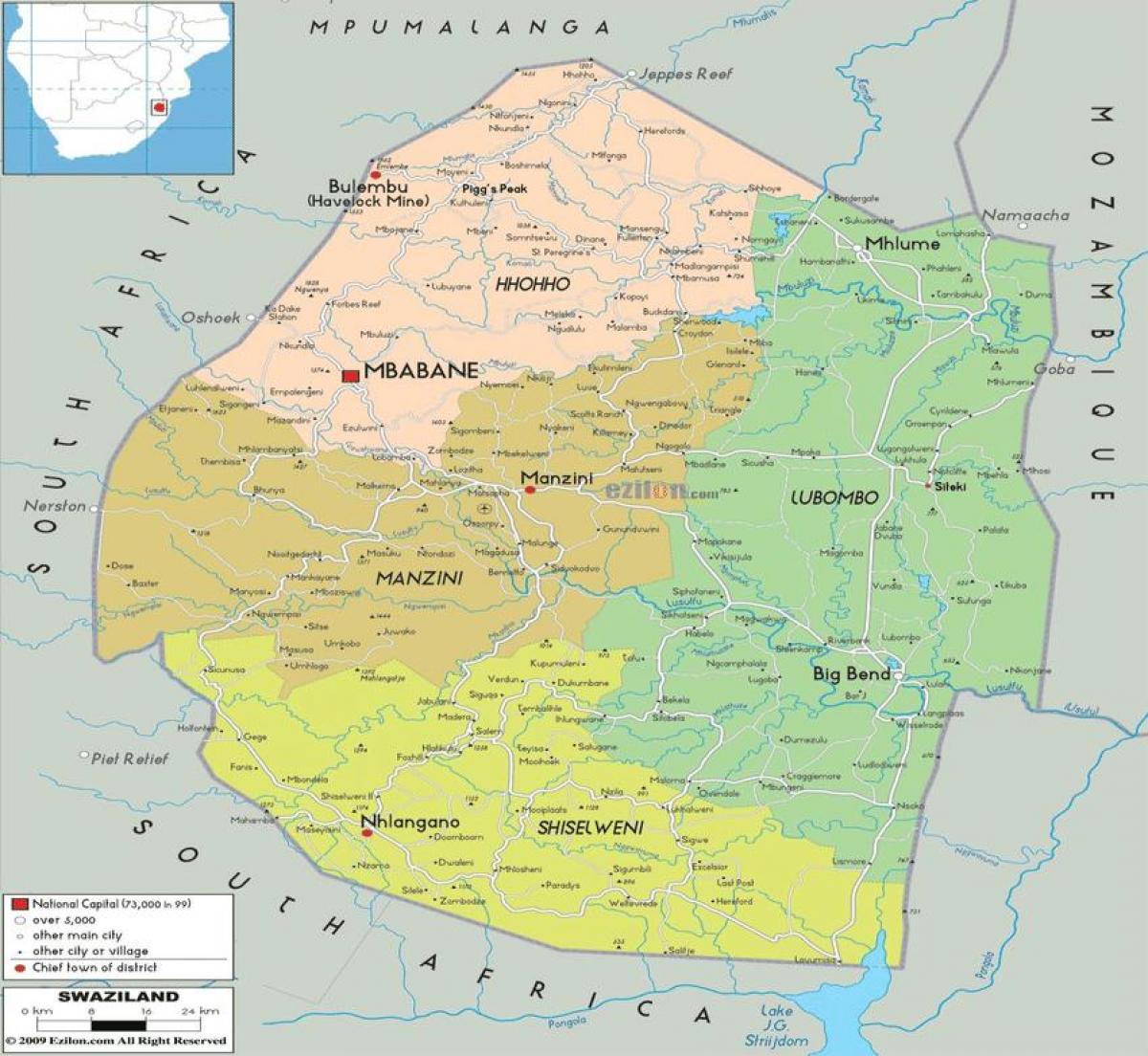 Mapa Svazijsko regionů